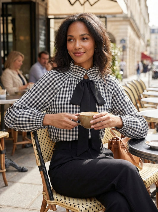 Blouse Dames met Strik | Geruite Blouse met Hoge Kraag