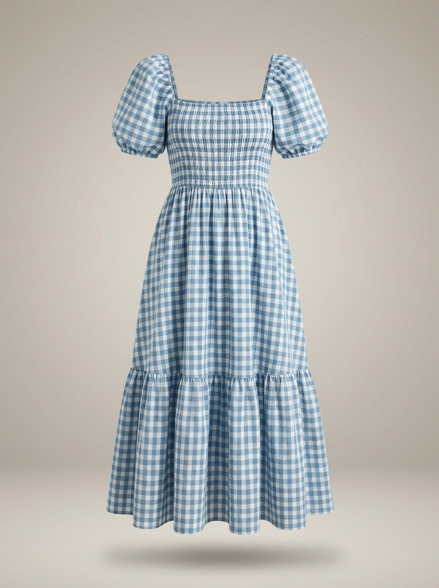 Lichtblauwe Zomerjurk Dames Met Pofmouwen | Midi