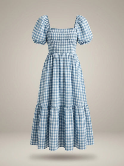 Lichtblauwe Zomerjurk Dames Met Pofmouwen | Midi