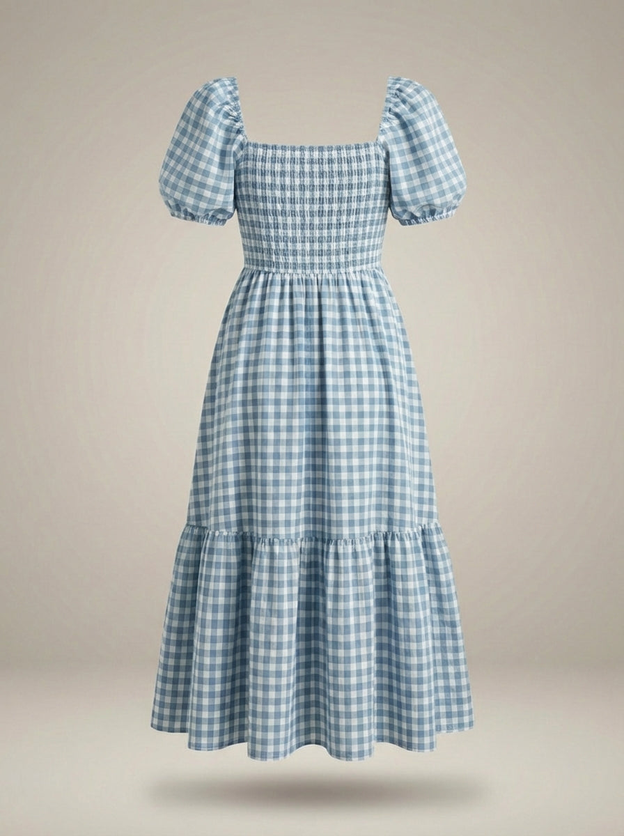 Lichtblauwe Zomerjurk Dames Met Pofmouwen | Midi