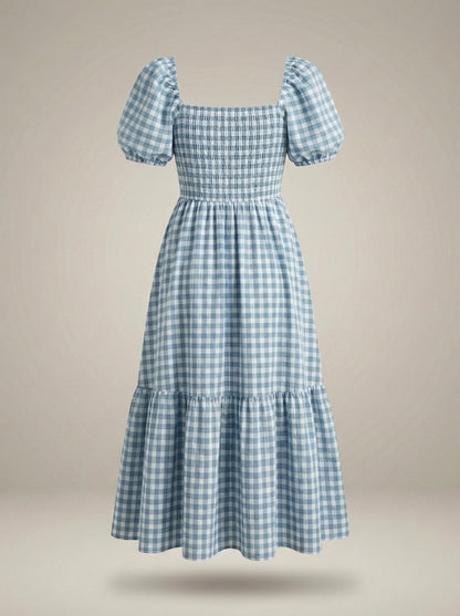 Lichtblauwe Zomerjurk Dames Met Pofmouwen | Midi