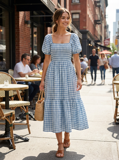 Lichtblauwe Zomerjurk Dames Met Pofmouwen | Midi