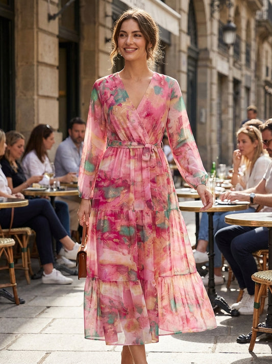 Jurk Dames Wikkel | Midi met Lange Mouwen & Tailleband