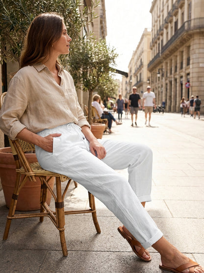 Lange Broek Dames | Rechte Pijpen met Elastische Taille en Trekkoord