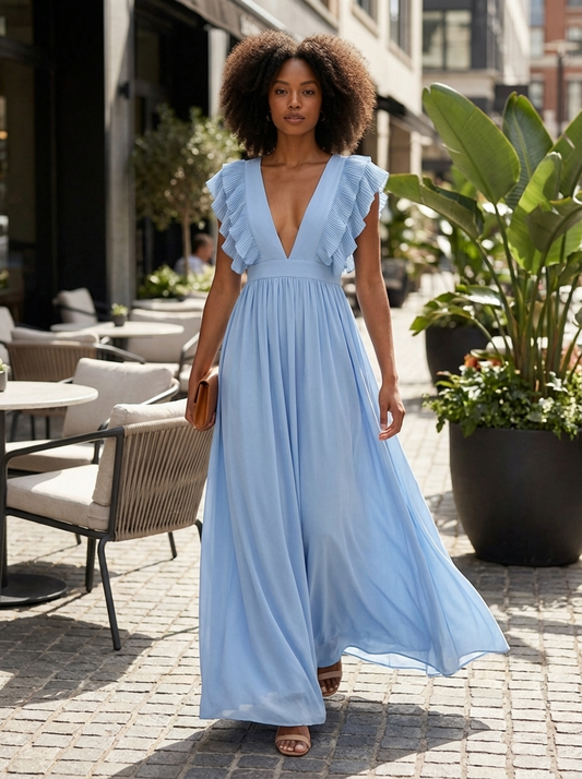 Maxi Jurk Dames | voor Bruiloft met V-hals en Ruches