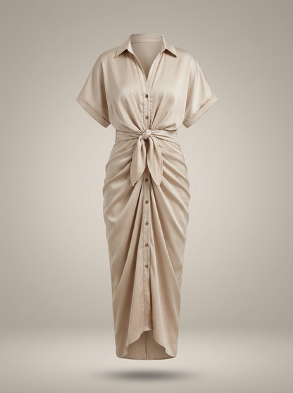 Overhemd Jurk Dames | Midi met Taille Strik en Knoopsluiting