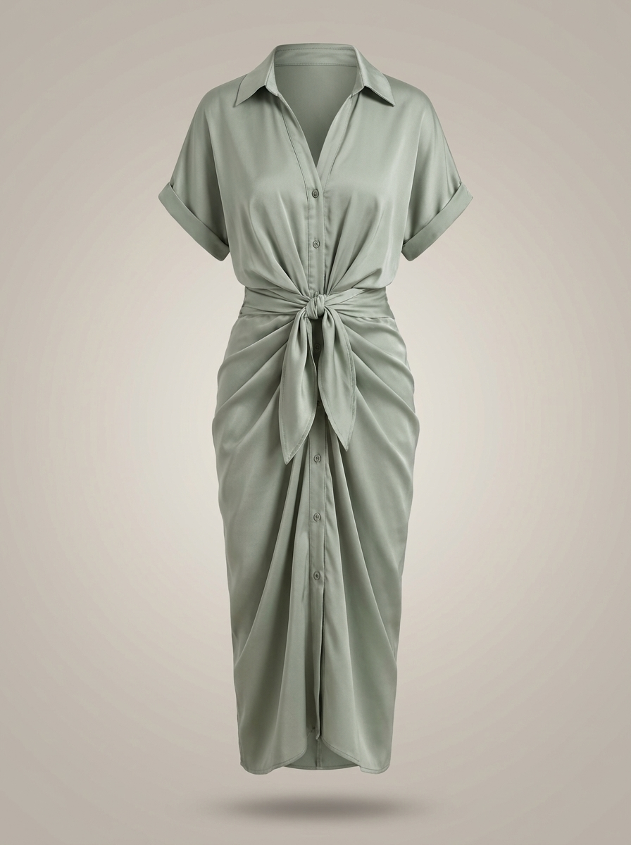 Overhemd Jurk Dames | Midi met Taille Strik en Knoopsluiting