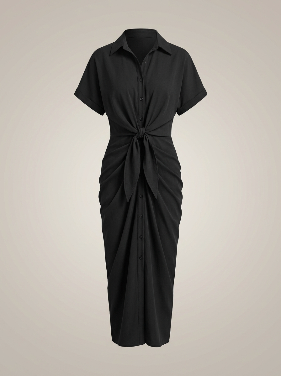 Overhemd Jurk Dames | Midi met Taille Strik en Knoopsluiting