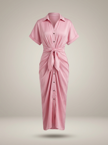 Overhemd Jurk Dames | Midi met Taille Strik en Knoopsluiting