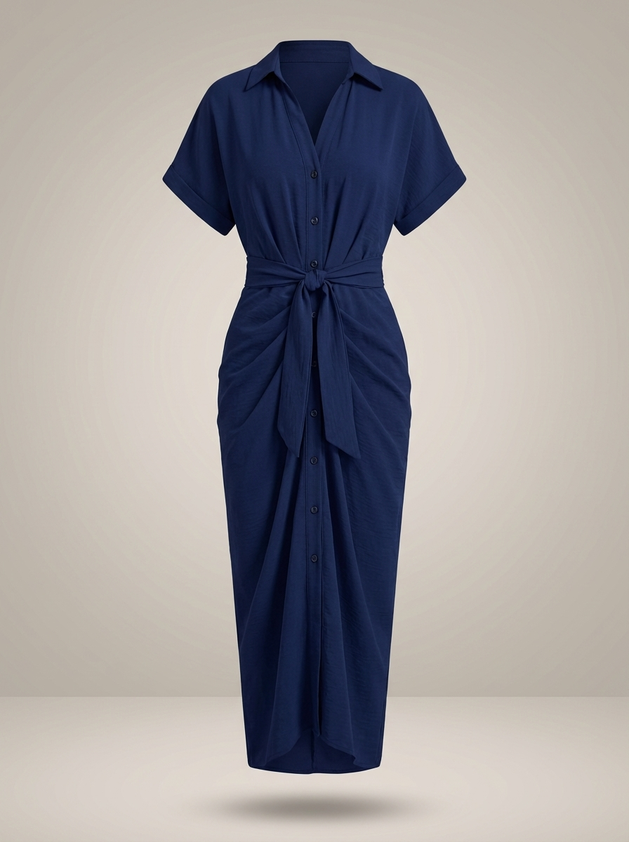 Overhemd Jurk Dames | Midi met Taille Strik en Knoopsluiting