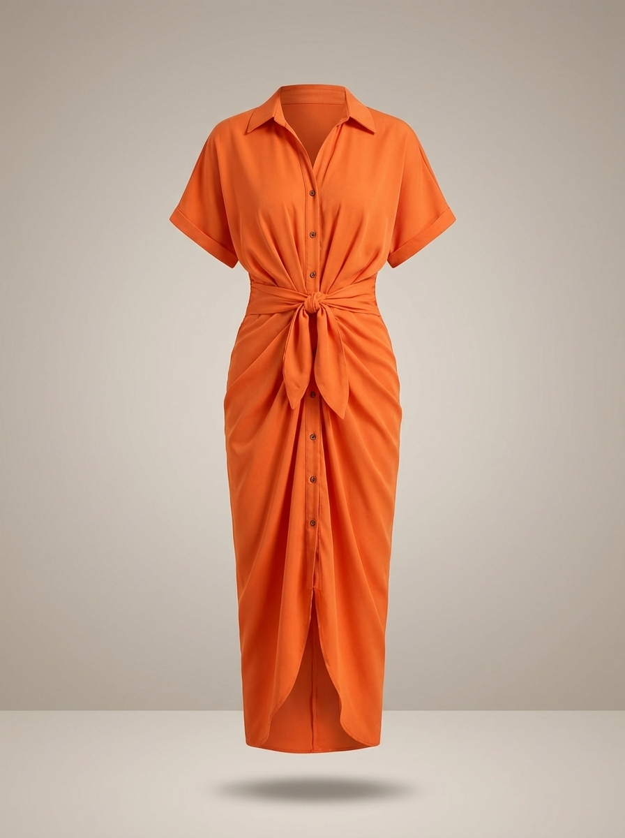 Overhemd Jurk Dames | Midi met Taille Strik en Knoopsluiting