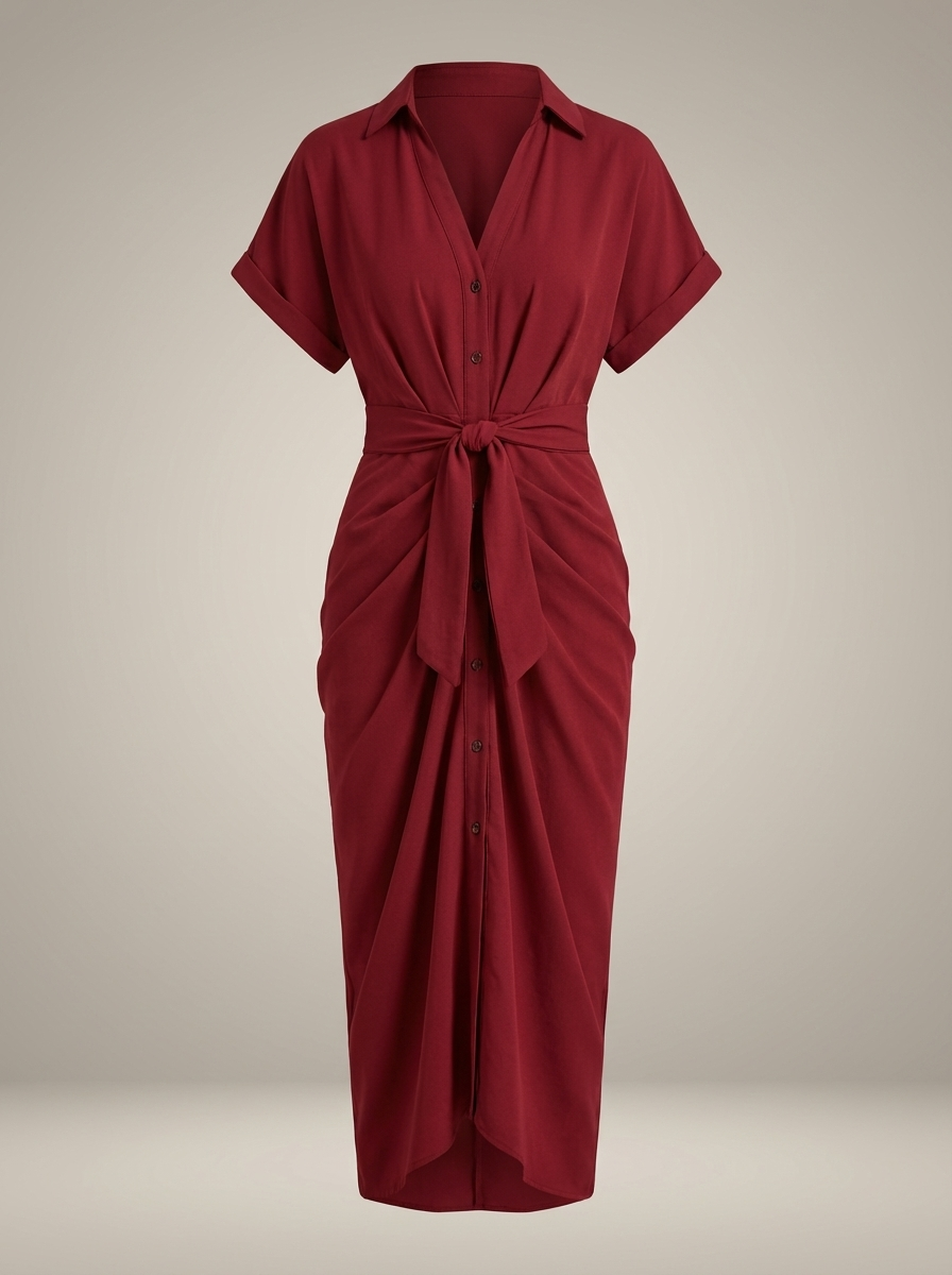 Overhemd Jurk Dames | Midi met Taille Strik en Knoopsluiting