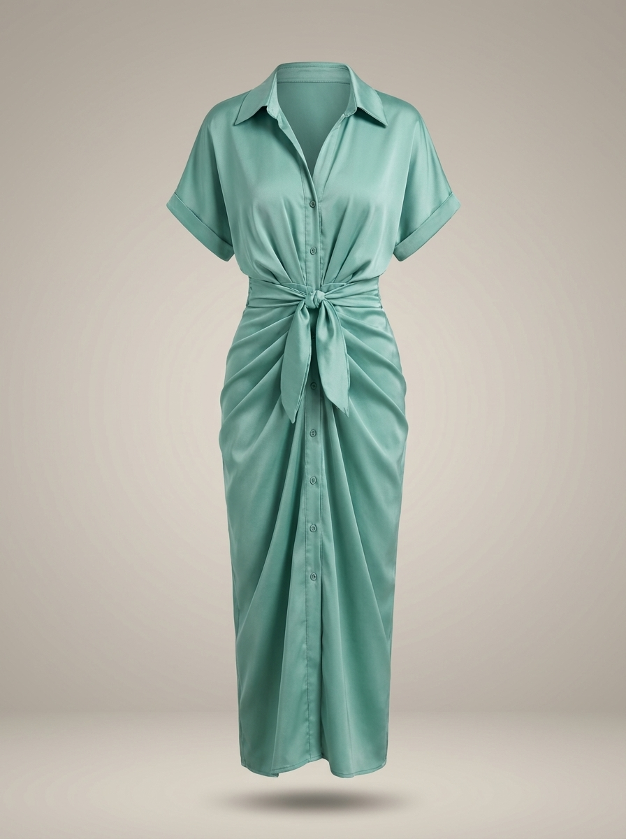 Overhemd Jurk Dames | Midi met Taille Strik en Knoopsluiting