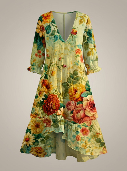 Jurk Dames Boho met Bloemenprint | V-hals met Gelaagde Rok
