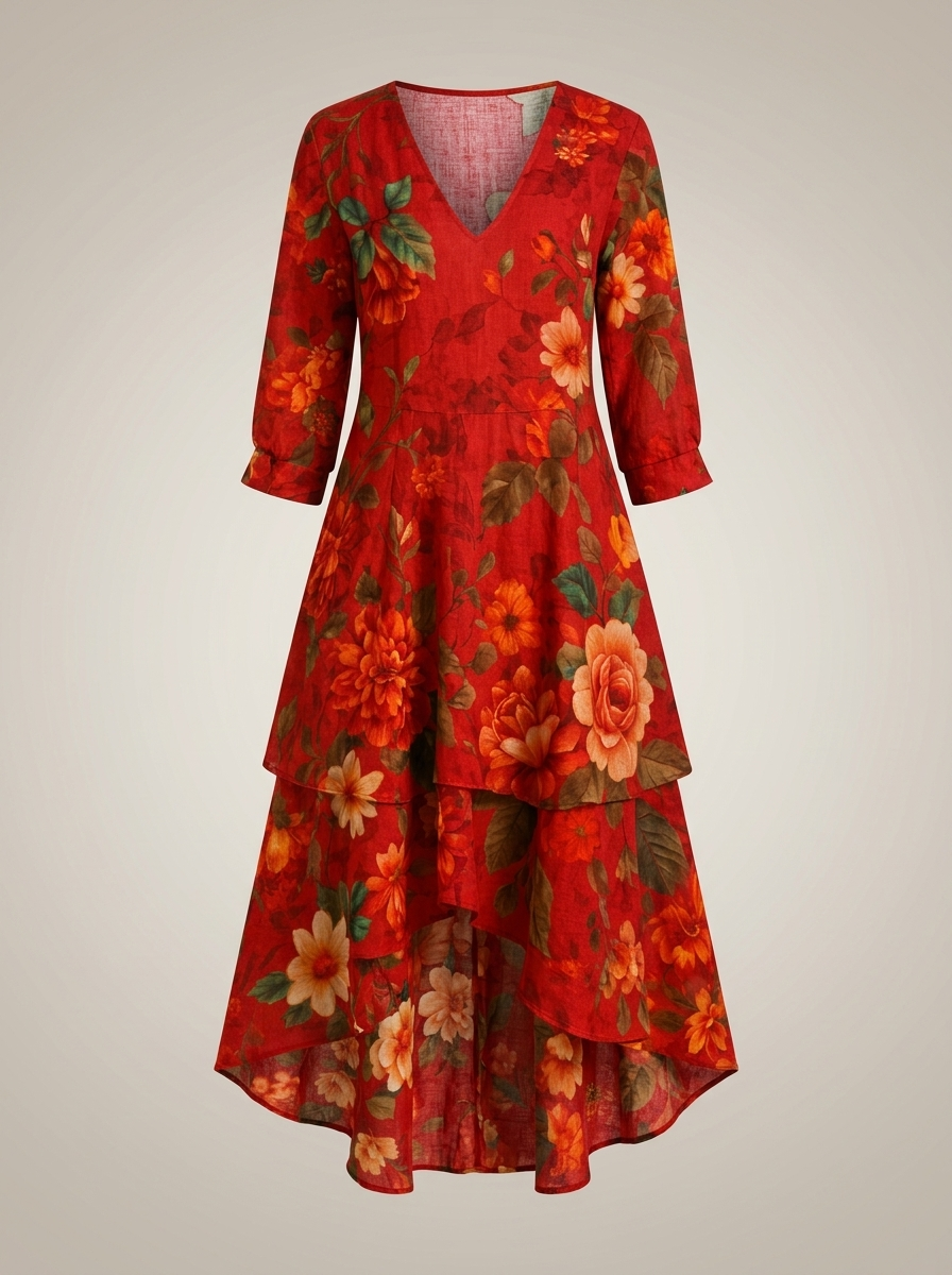 Jurk Dames Boho met Bloemenprint | V-hals met Gelaagde Rok