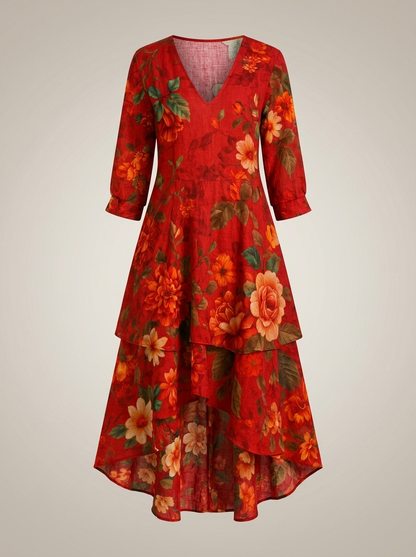 Jurk Dames Boho met Bloemenprint | V-hals met Gelaagde Rok