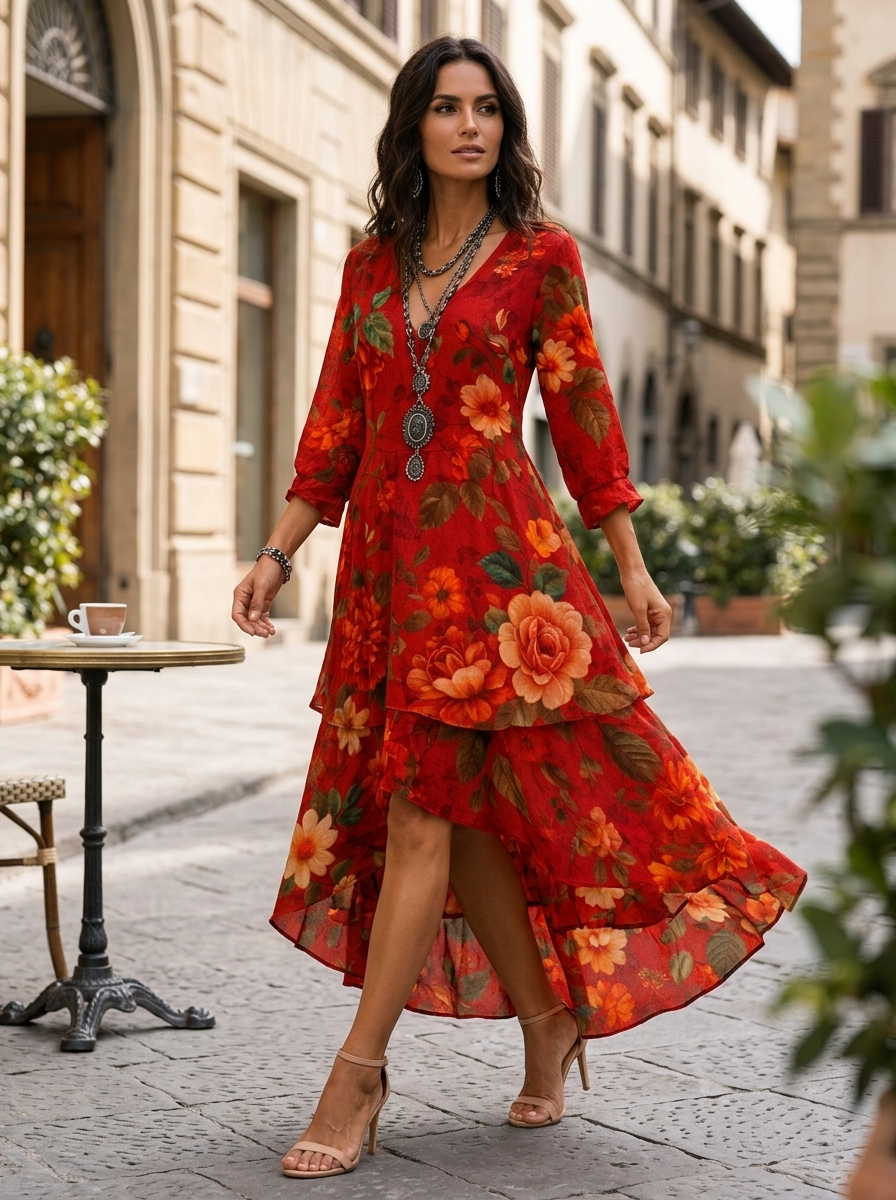 Jurk Dames Boho met Bloemenprint | V-hals met Gelaagde Rok