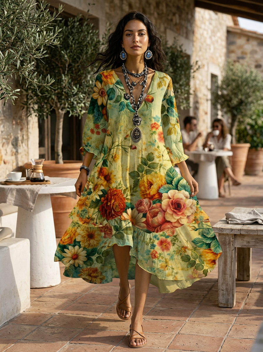 Jurk Dames Boho met Bloemenprint | V-hals met Gelaagde Rok