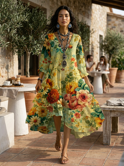 Jurk Dames Boho met Bloemenprint | V-hals met Gelaagde Rok