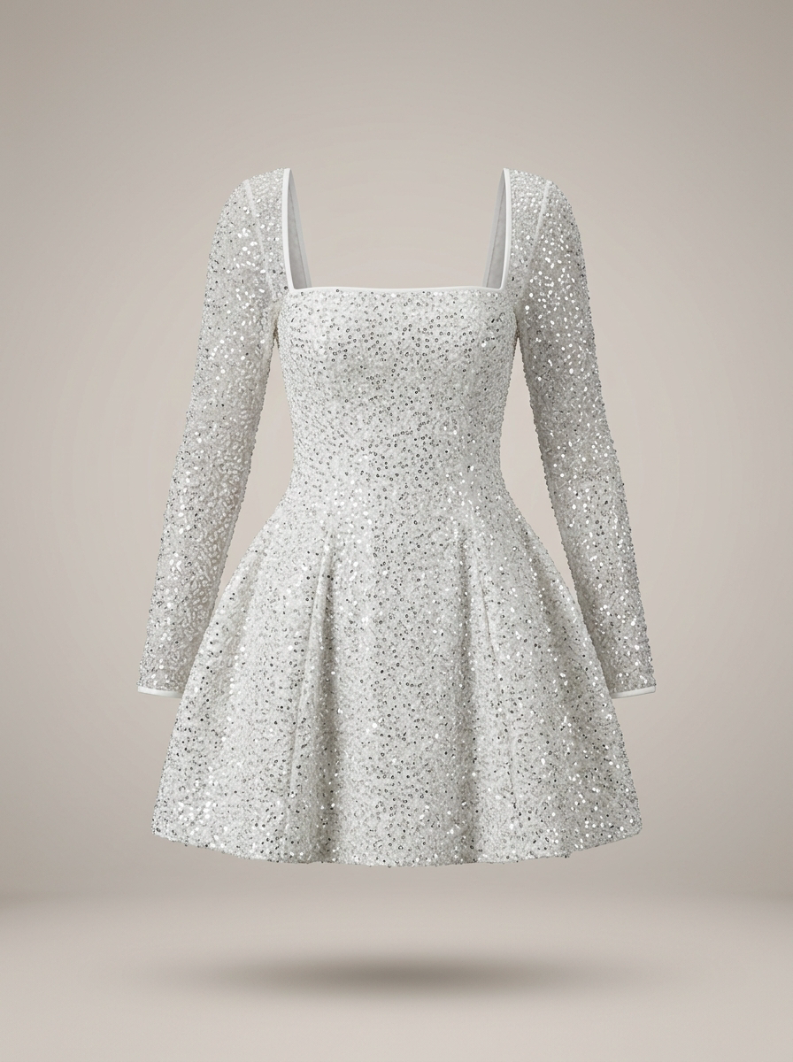 Jurk Dames met Pailletten en Lange Mouwen | Vierkante Hals Mini