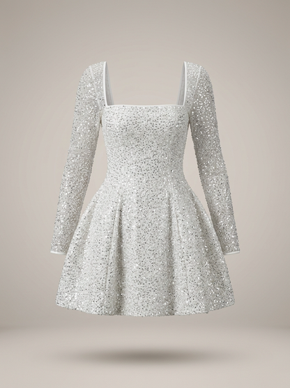 Jurk Dames met Pailletten en Lange Mouwen | Vierkante Hals Mini
