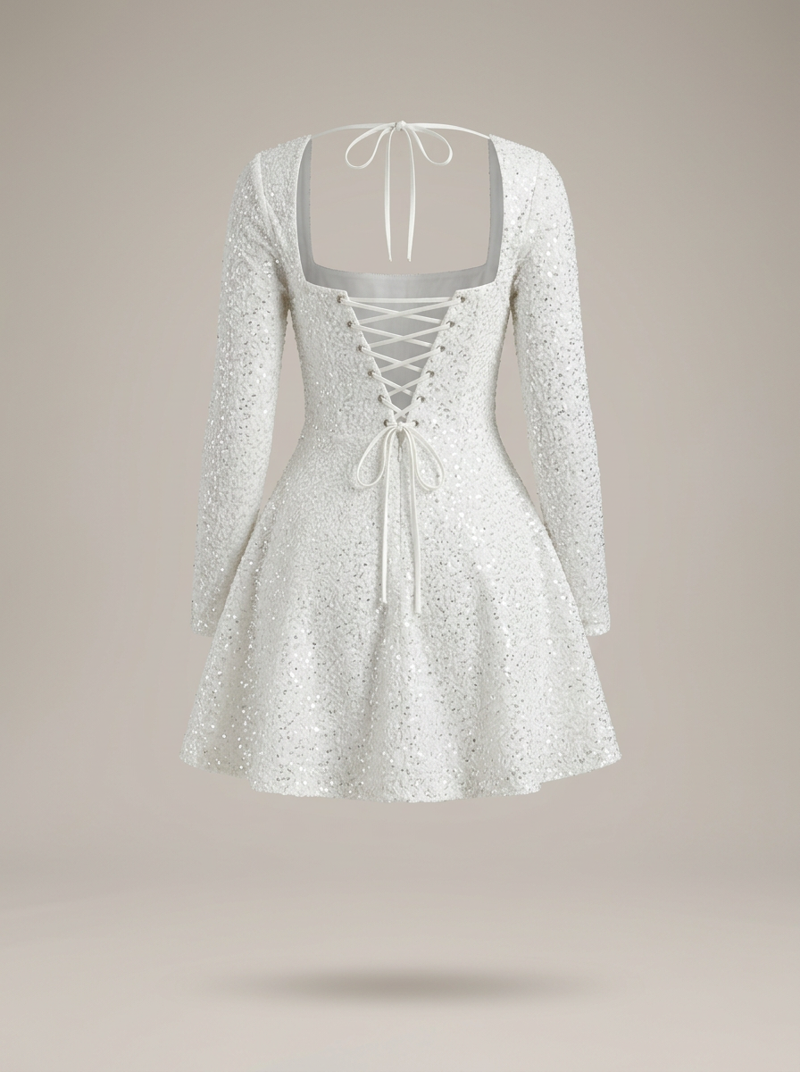 Jurk Dames met Pailletten en Lange Mouwen | Vierkante Hals Mini