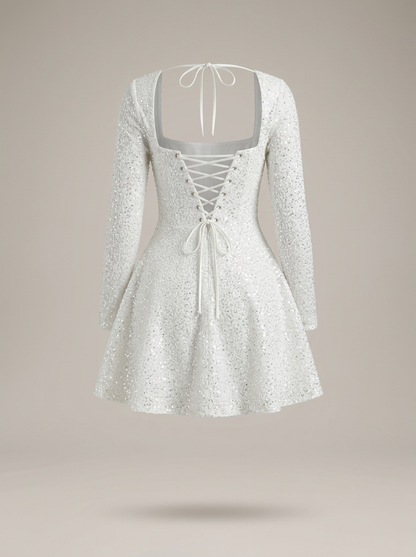 Jurk Dames met Pailletten en Lange Mouwen | Vierkante Hals Mini