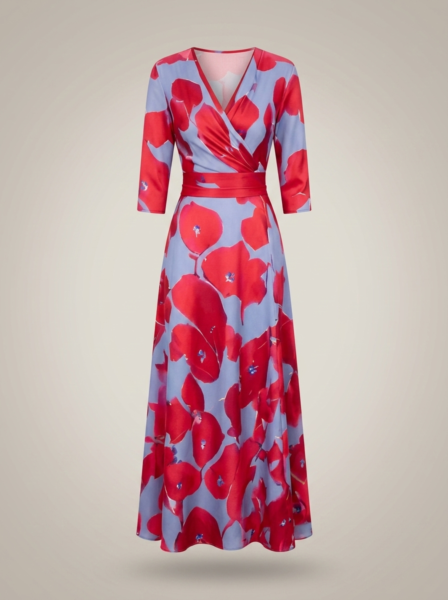 Jurk Dames met V-hals en Bloemenprint | Driekwartmouwen met Ceintuur