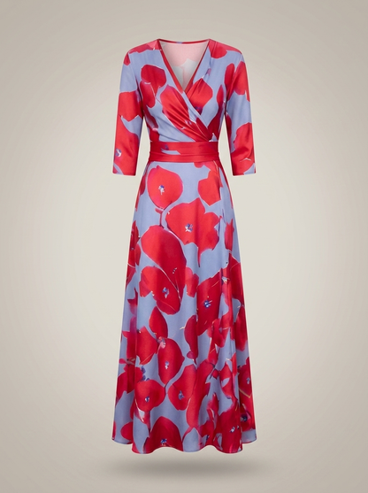 Jurk Dames met V-hals en Bloemenprint | Driekwartmouwen met Ceintuur