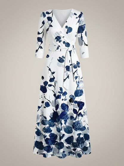 Jurk Dames met V-hals en Bloemenprint | Driekwartmouwen met Ceintuur