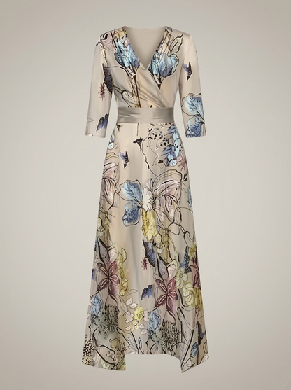 Jurk Dames met V-hals en Bloemenprint | Driekwartmouwen met Ceintuur
