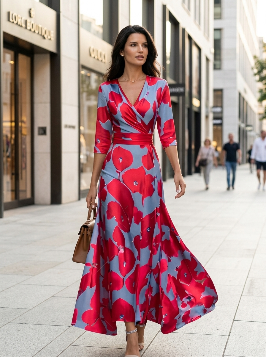 Jurk Dames met V-hals en Bloemenprint | Driekwartmouwen met Ceintuur