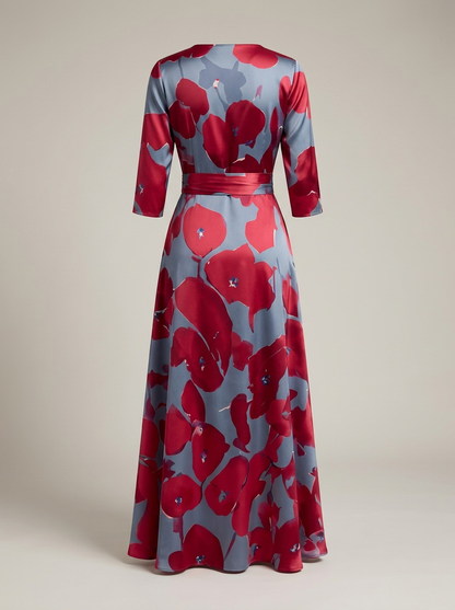 Jurk Dames met V-hals en Bloemenprint | Driekwartmouwen met Ceintuur
