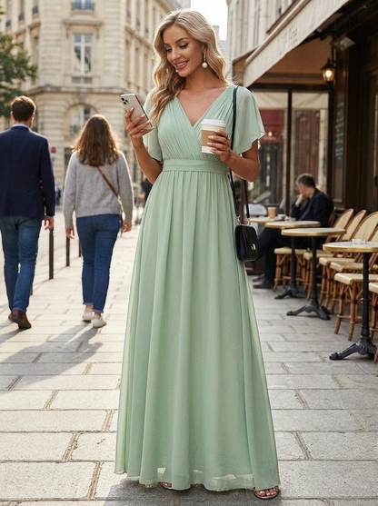 Jurk Dames met V-hals en Vlindermouwen | Strikceintuur en Maxi