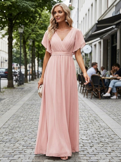 Jurk Dames met V-hals en Vlindermouwen | Strikceintuur en Maxi