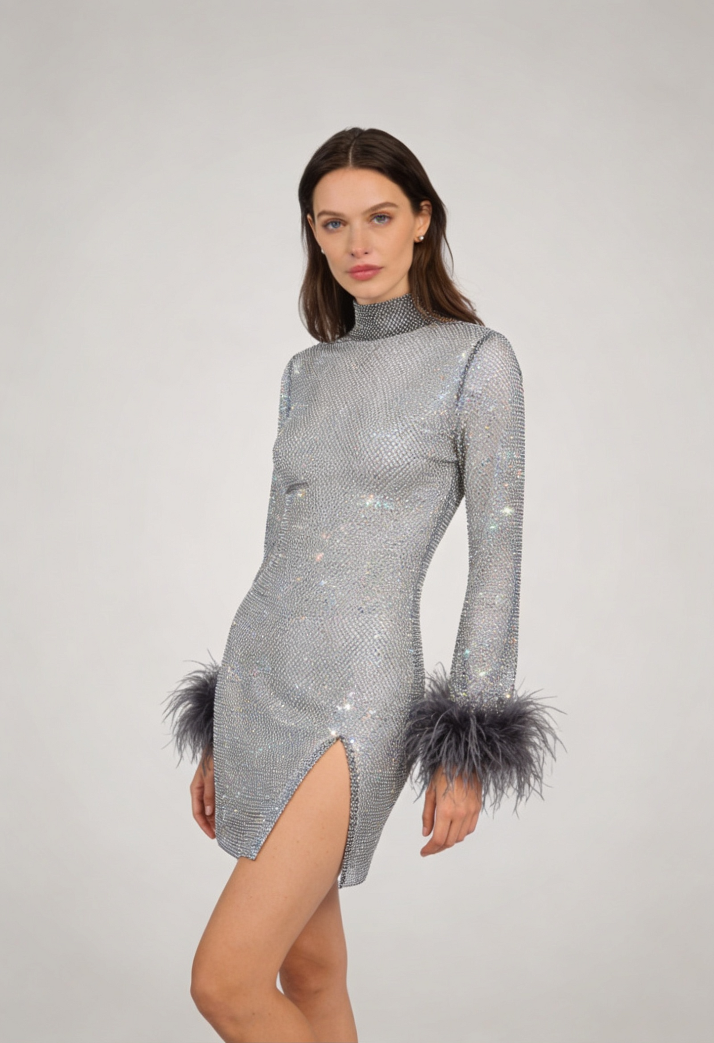 Jurk Dames met Pailletten en Veren Manchetten | Lange Mouwen Mini