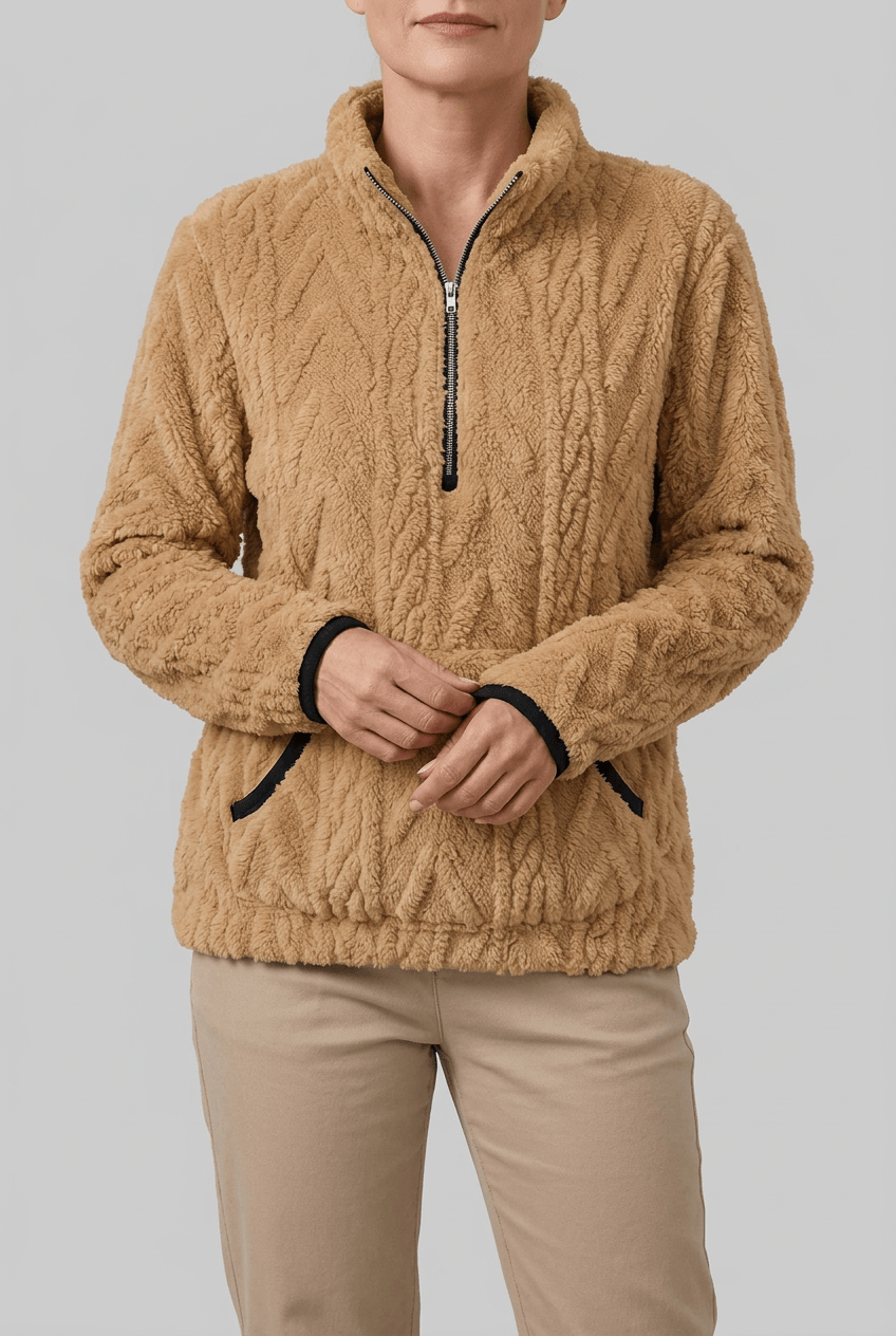 Dames Fleece Trui met Rits | Kabelpatroon & Kangoeroezak