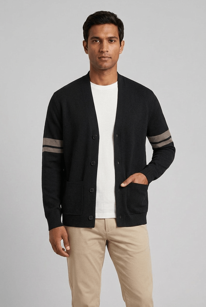 Heren Vest met V-hals en Streepdetail op de Mouwen | Knoopsluiting