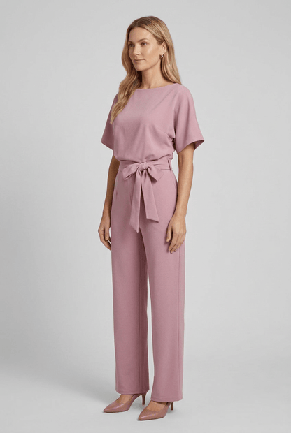 Dames Jumpsuit met Wijde Pijpen en Strikceintuur | Korte Mouwen
