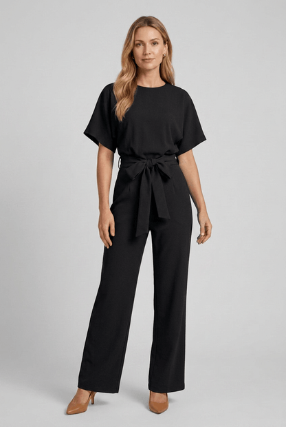 Dames Jumpsuit met Wijde Pijpen en Strikceintuur | Korte Mouwen