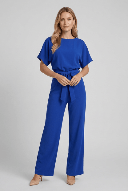 Dames Jumpsuit met Wijde Pijpen en Strikceintuur | Korte Mouwen