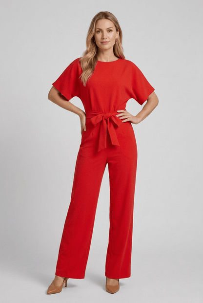 Dames Jumpsuit met Wijde Pijpen en Strikceintuur | Korte Mouwen