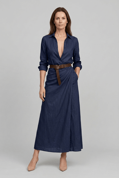 Maxikleid Damen | Blusenkleid mit Wickelrock & V-Ausschnitt