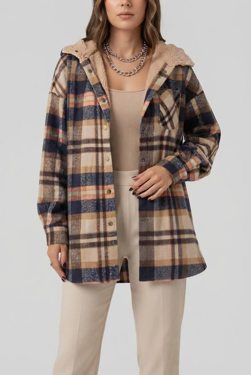 Dames Oversized Geruite Jas | Capuchon & Knoopsluiting