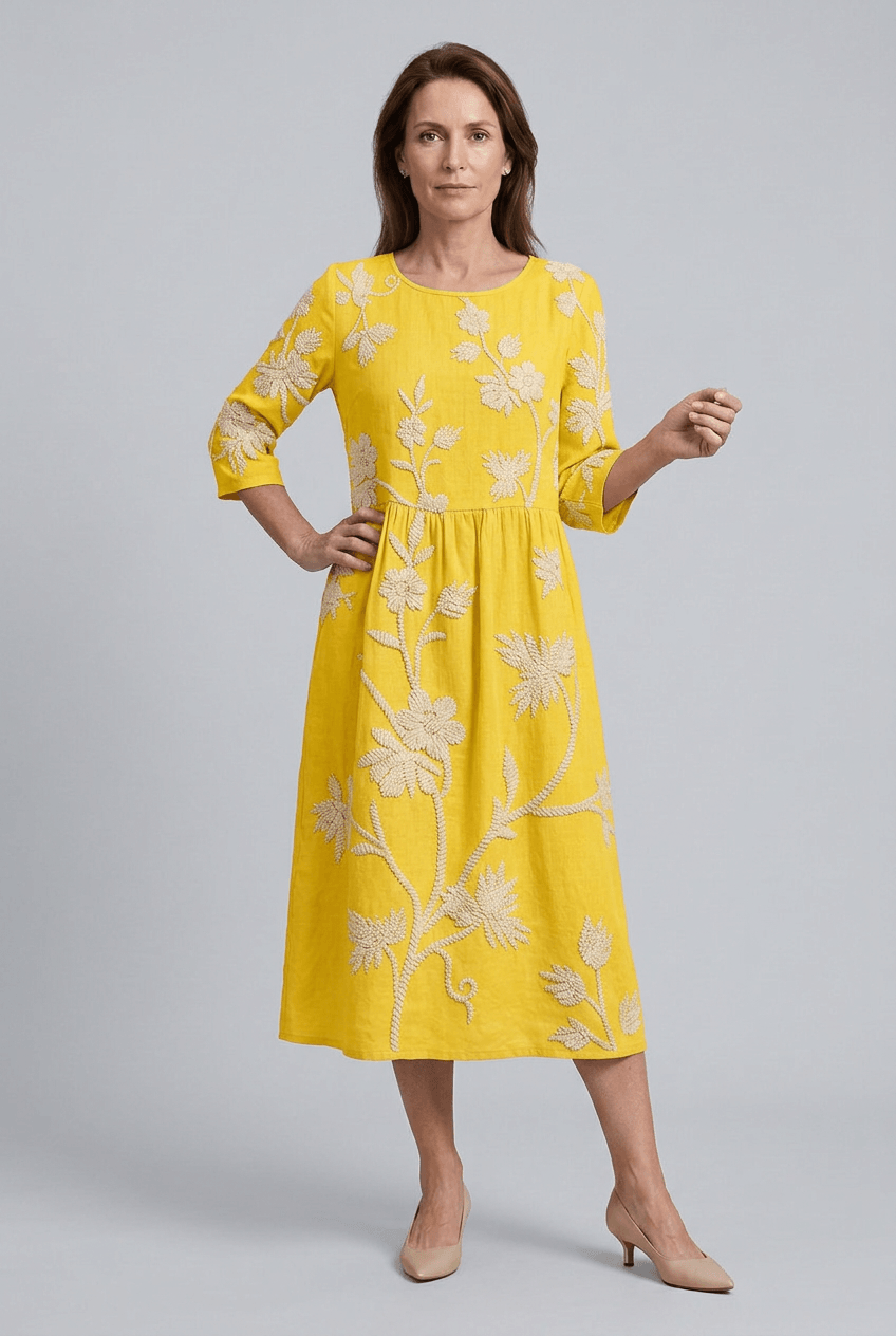 Zomerjurk Dames | Midi met Bloemenborduursel & Ronde Hals