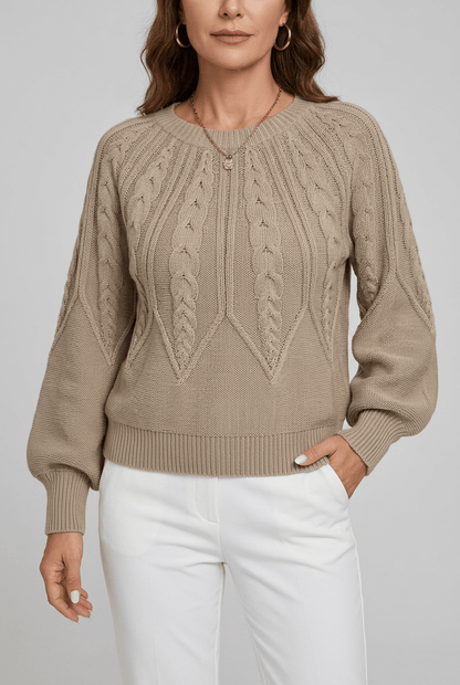 Dames Trui met Ronde Hals | Kabelpatroon & Lantaarnmouwen