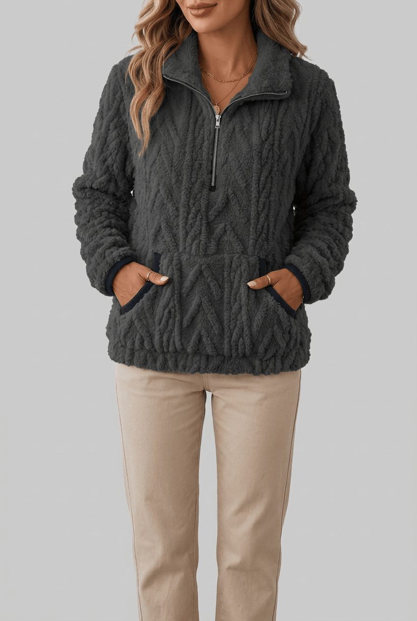 Dames Fleece Trui met Rits | Kabelpatroon & Kangoeroezak