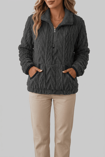 Dames Fleece Trui met Rits | Kabelpatroon & Kangoeroezak
