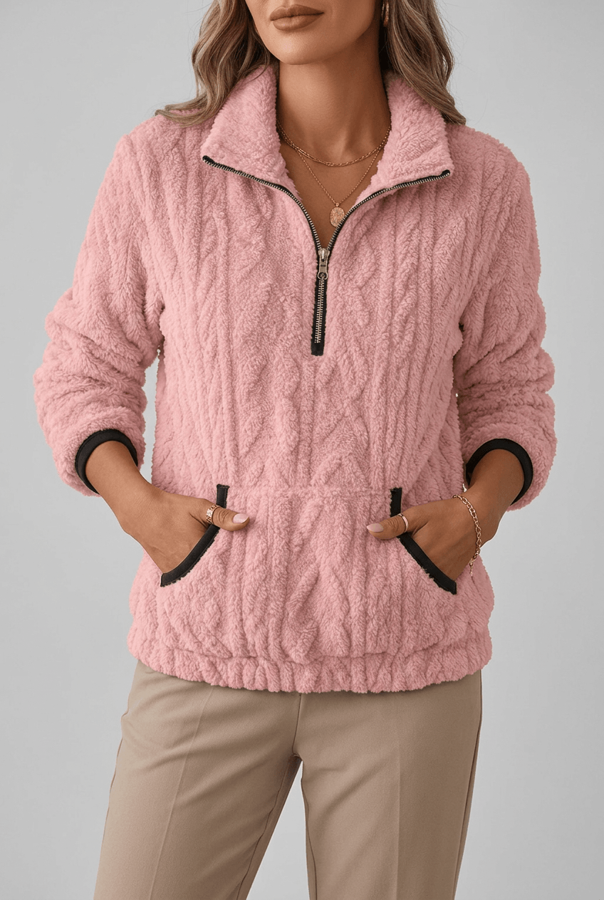 Dames Fleece Trui met Rits | Kabelpatroon & Kangoeroezak