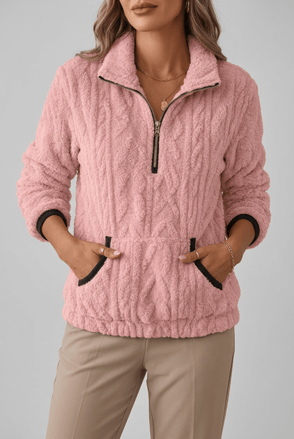 Dames Fleece Trui met Rits | Kabelpatroon & Kangoeroezak